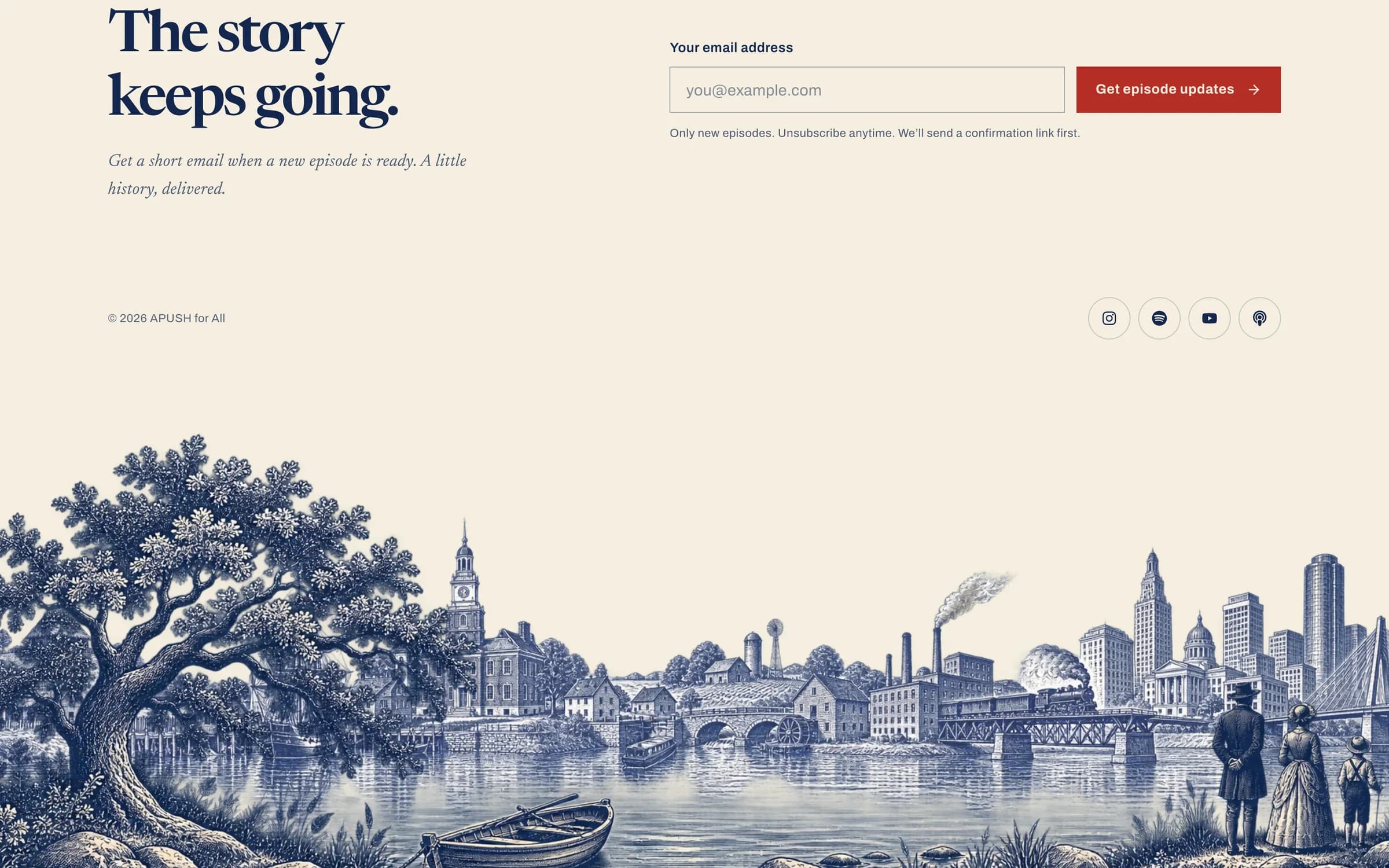 The story keeps going: email sign-up over an engraved city