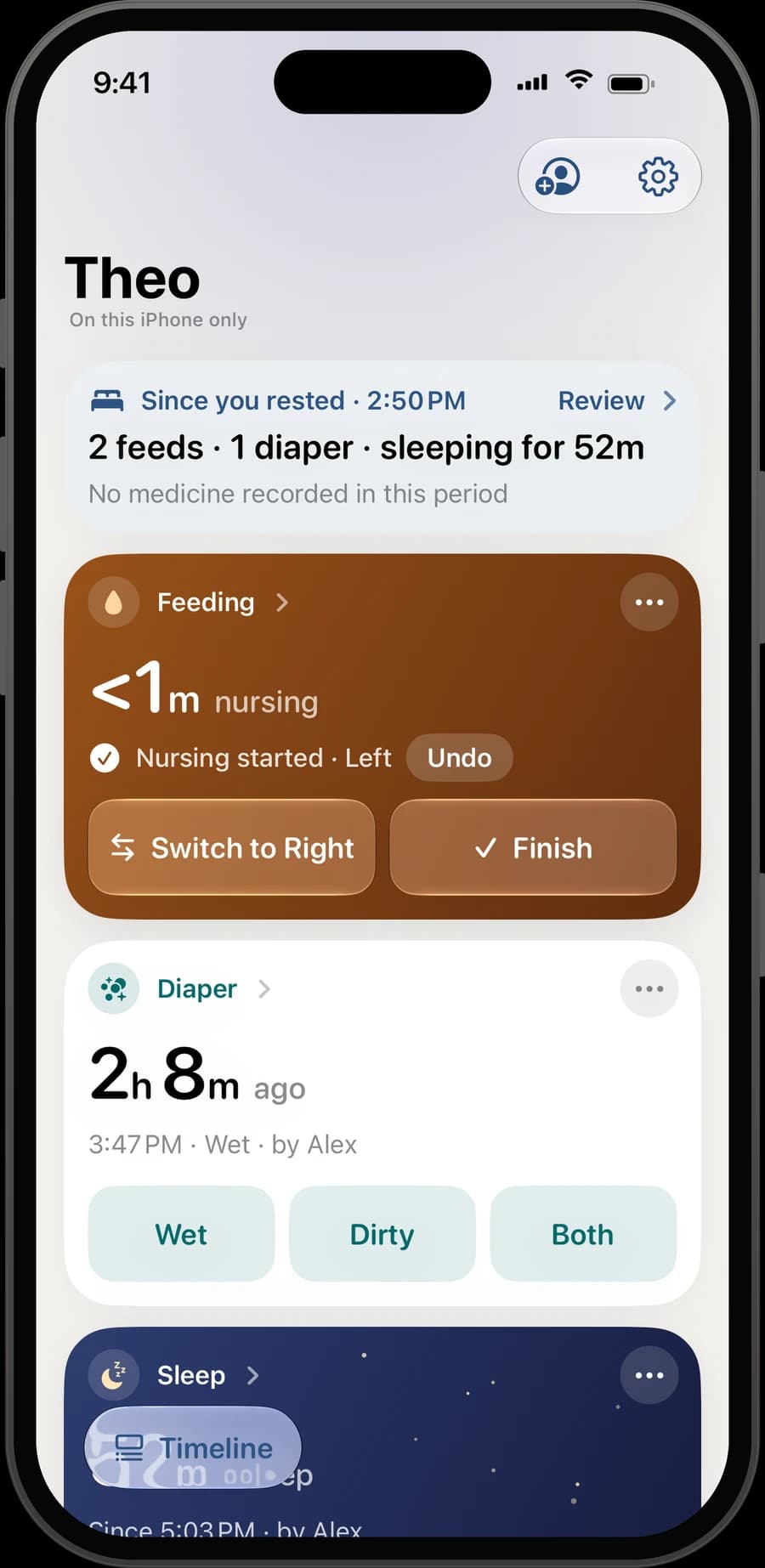 A nursing session in progress, with Switch to Right and Finish