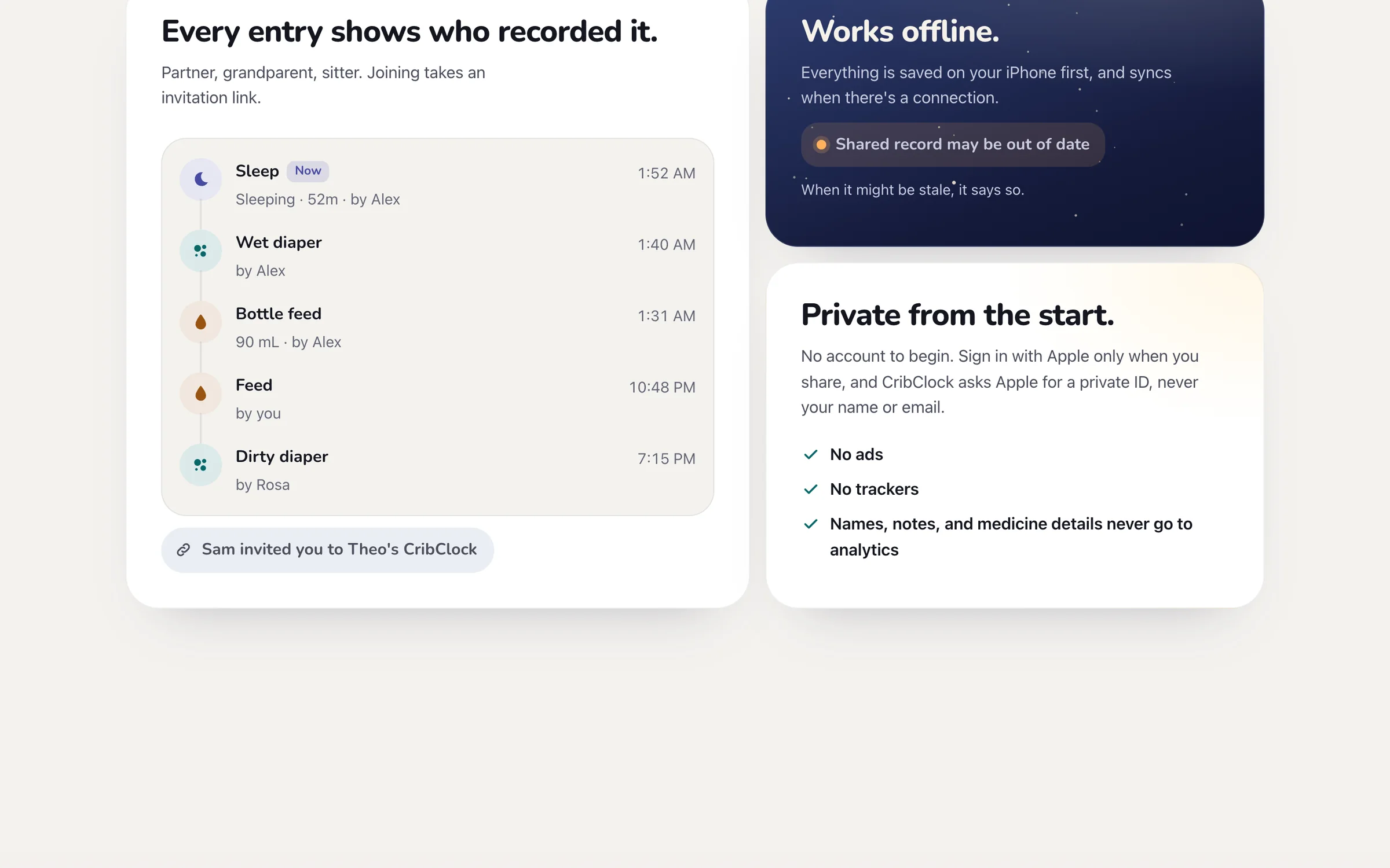 Every entry shows who recorded it, offline-first and private