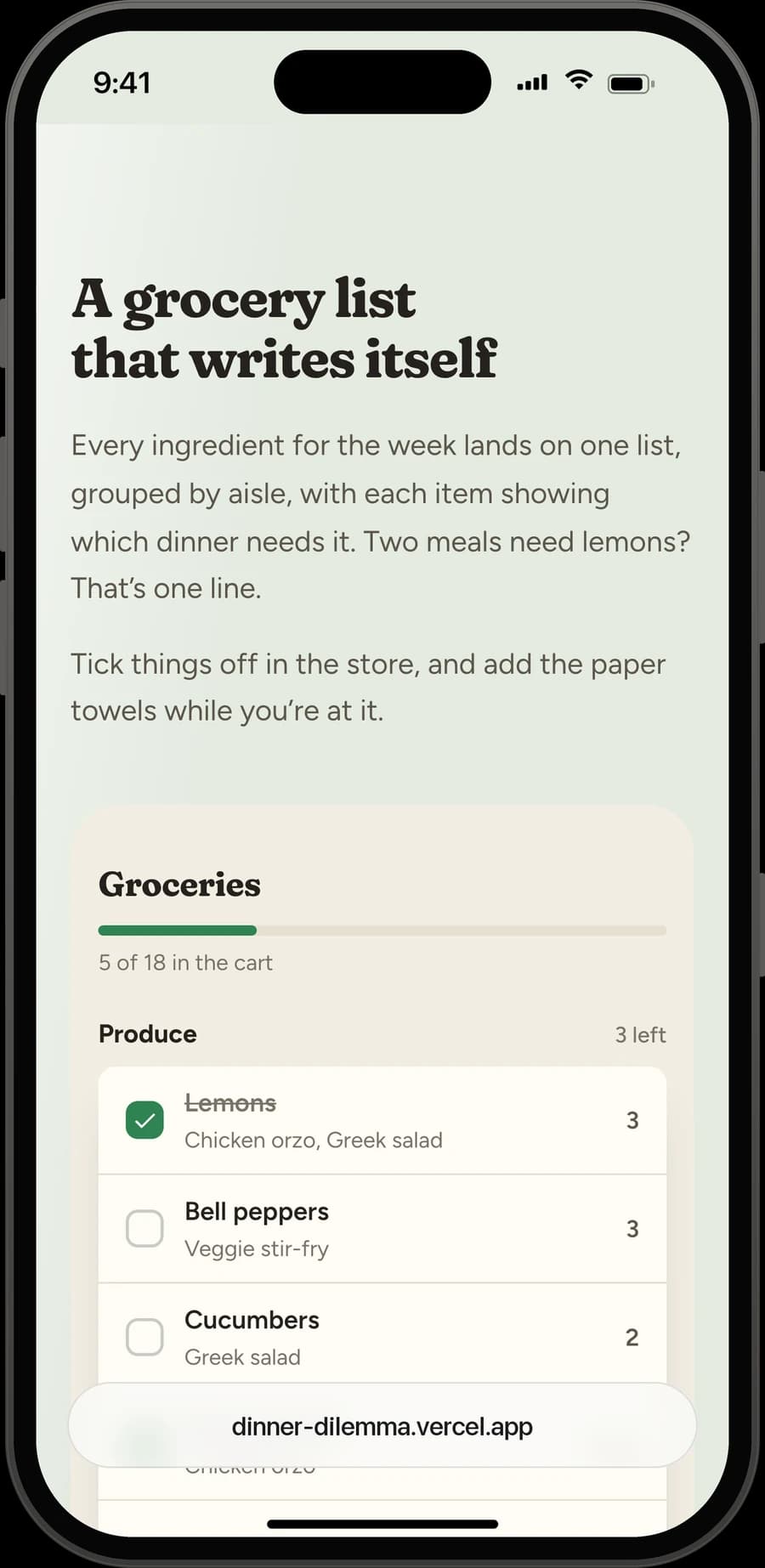A grocery list that writes itself, grouped by aisle