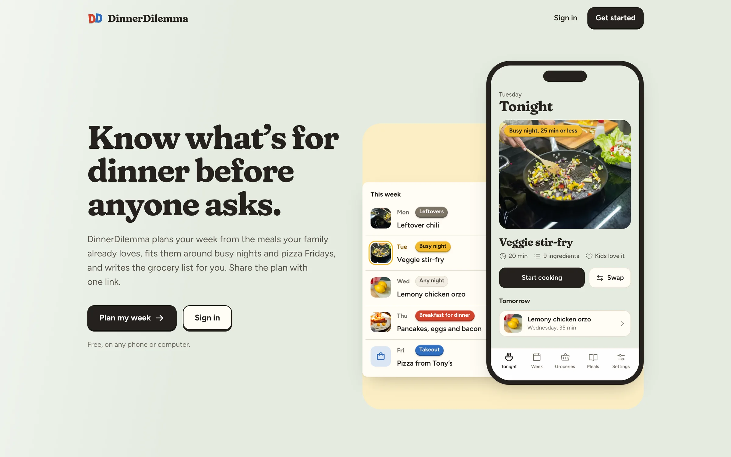 Dinner Dilemma homepage with tonight's dinner on a phone