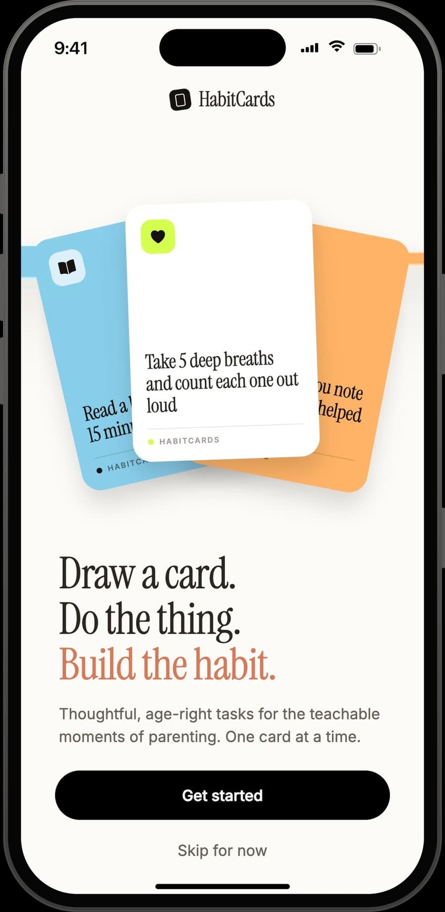 Onboarding: Draw a card. Do the thing. Build the habit.