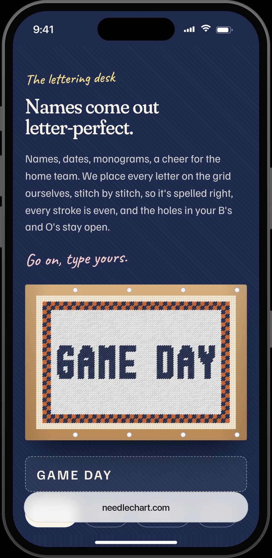 The lettering desk on iPhone, with a stitched GAME DAY canvas