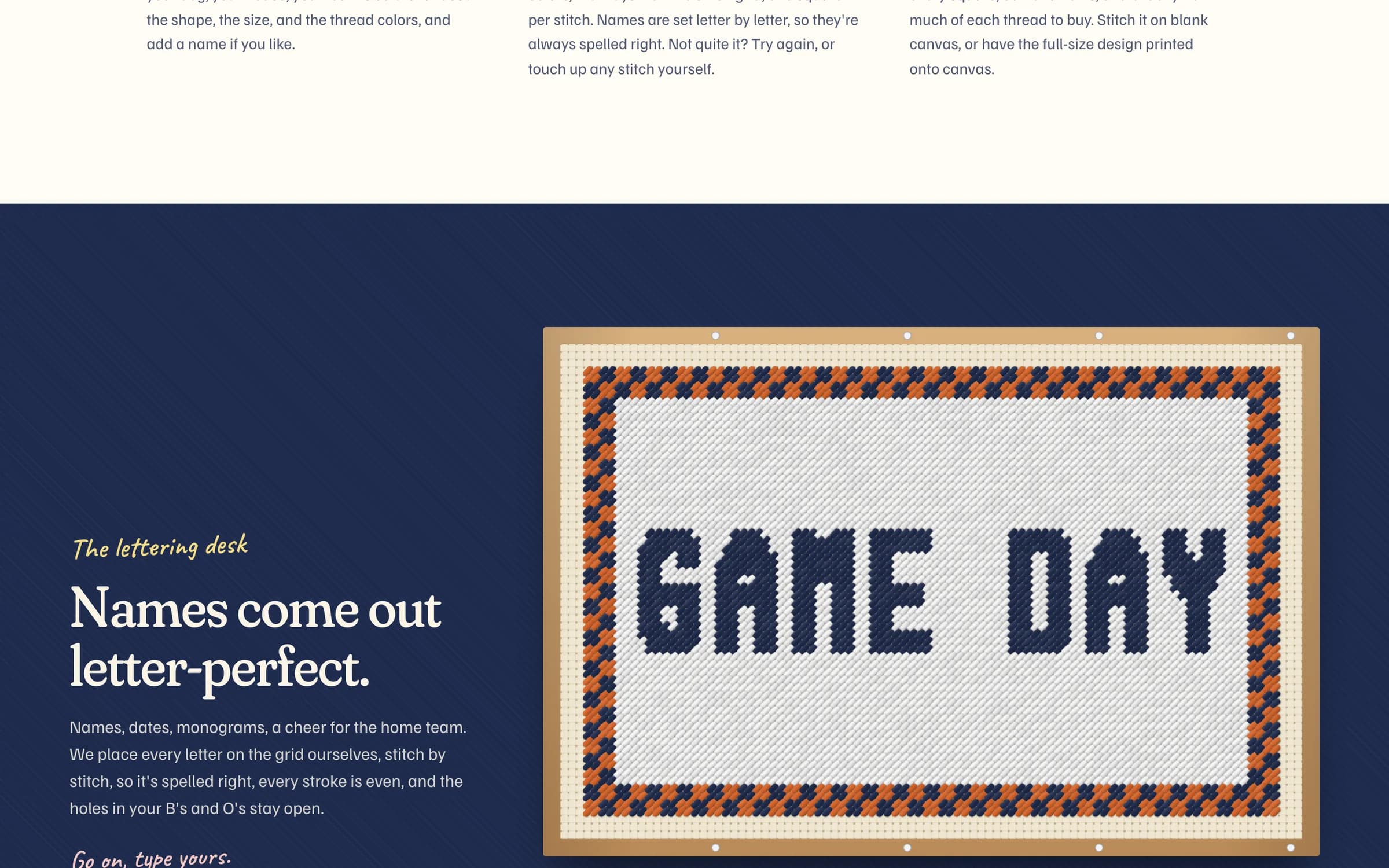 The lettering desk, showing a stitched GAME DAY canvas