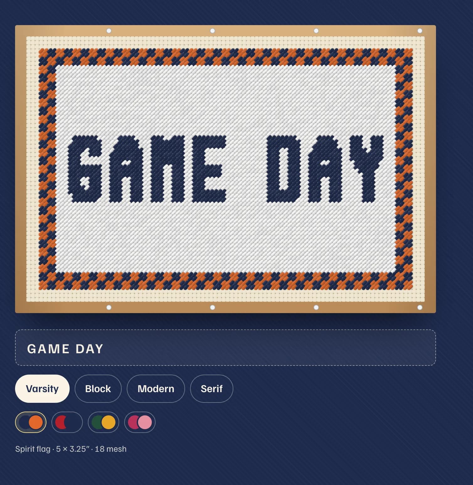 The lettering desk: a stitched GAME DAY canvas in Varsity letters