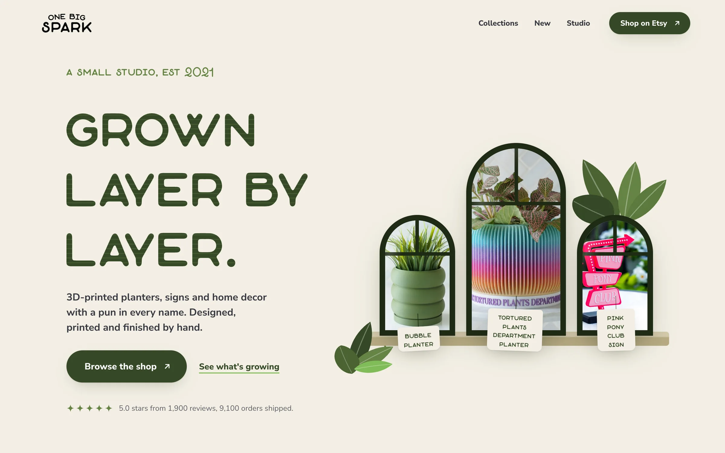 One Big Spark homepage: Grown layer by layer, with planters in greenhouse panes
