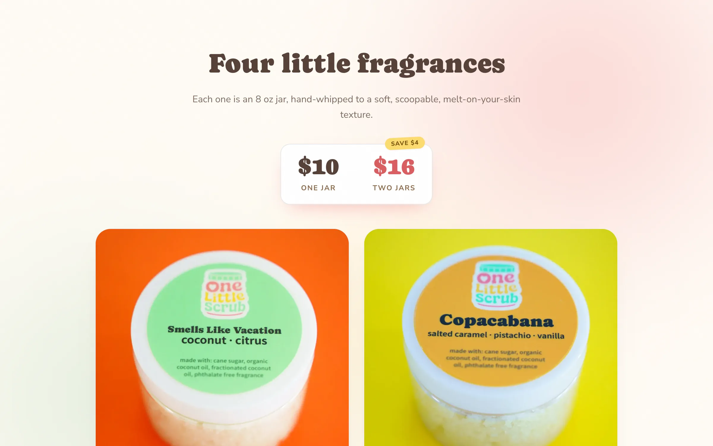 Four little fragrances, each photographed on its own color